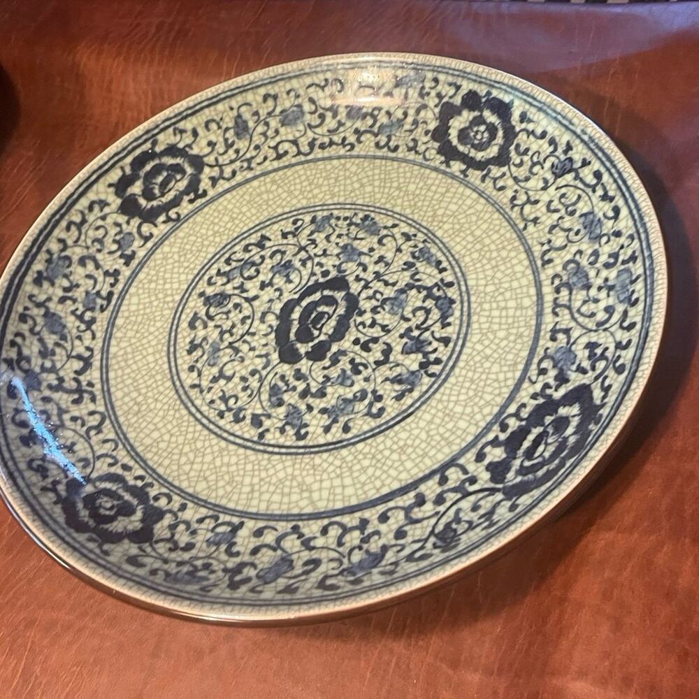 Vintage Asian shallow bowl  blue and gray  Heavy 16”